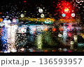 Rain drops on glass with colorful city lights bokeh at night 136593957