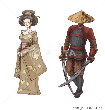 Japanese samurai with two crossed sword. Vintage vector hatching illustration. Japanese samurai with two crossed sword. Vintage vector hatching illustration. 136594144