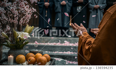 桜舞う山門で僧侶の読経に参列者が合掌して祈る春の法要 136594235