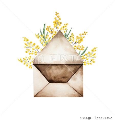 Vintage open paper envelope with spring mimosa flowers. Watercolor blank, hand drawn retro style illustration isolated on background, transparent png. Botanical and wedding clip art. For greeting card 136594302