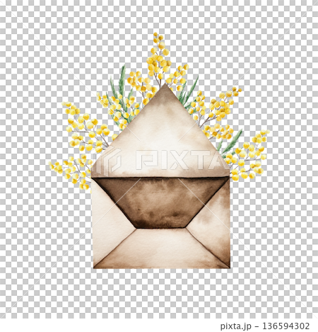 Vintage open paper envelope with spring mimosa flowers. Watercolor blank, hand drawn retro style illustration isolated on background, transparent png. Botanical and wedding clip art. For greeting card Vintage open paper envelope with spring mimosa flowers. Watercolor blank, hand drawn retro style illustration isolated on background, transparent png. Botanical and wedding clip art. For greeting card 136594302