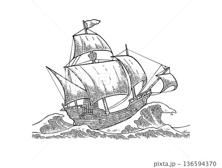 Sailing ship sails in stormy sea with big waves. Vector vintage engraving 136594370