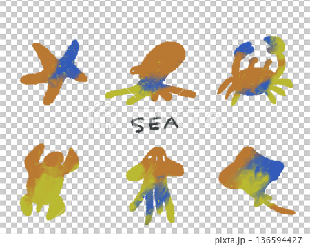 アイコンやシンボルマークとして、デザイン時に使いやすいカラフルな手描きイラスト・海の生き物 136594427