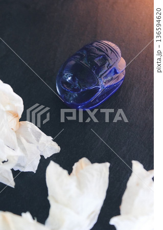 Lapis lazuli scarab with white dried petals on dark background, top view with copy space for design. Lapis lazuli scarab with white dried petals on dark background, top view with copy space for design. 136594620