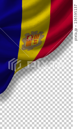 Flag of Andorra waving in the wind showing blue, yellow, and red colors with a coat of arms design Flag of Andorra waving in the wind showing blue, yellow, and red colors with a coat of arms design 136595137