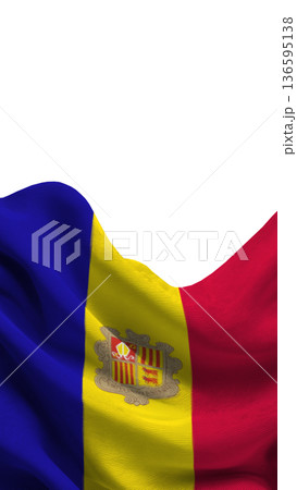 Flag of Andorra waving in the wind showing blue, yellow, and red colors with a coat of arms design 136595138