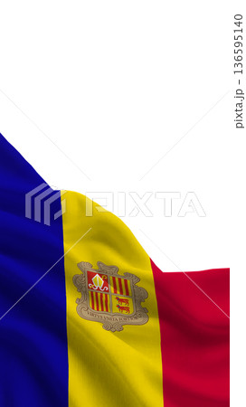 Flag of Andorra waving in the wind showing blue, yellow, and red colors with a coat of arms design 136595140