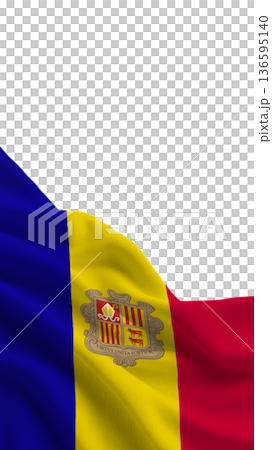 Flag of Andorra waving in the wind showing blue, yellow, and red colors with a coat of arms design 136595140