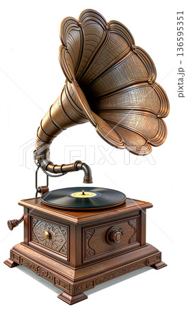 Vintage wooden gramophone with ornate brass horn and vinyl record. Vintage gramophone with an ornate brass horn, featuring intricate detailing.  136595351