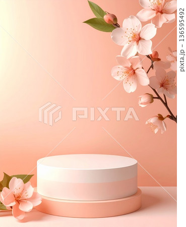 Elegant Display Stage with White Cherry Blossoms on Peach Background 136595492