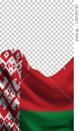 Belarus flag waving display showing red, green colors and traditional pattern 136595742