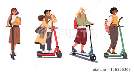 Pretty teenage girls cartoon student characters riding electric scooter commuting place of education Pretty teenage girls cartoon student characters riding electric scooter commuting place of education 136596308