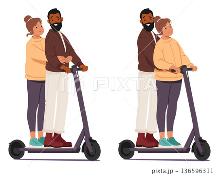 Happy loving coupe riding electric scooter standing in various poses isolated set on white Happy loving coupe riding electric scooter standing in various poses isolated set on white 136596311