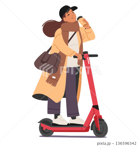 Teenage student female cartoon character drinking coffee on-the-go while riding electric scooter Teenage student female cartoon character drinking coffee on-the-go while riding electric scooter 136596342