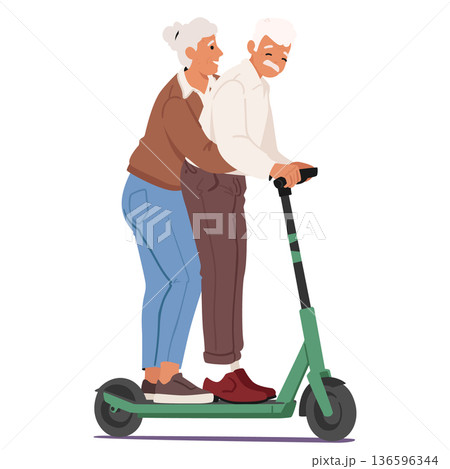 Elderly wife hugging lovely husband during during fun electric scooter ride isolated on white 136596344