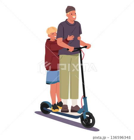 Father riding his cheerful son on electric scooter both enjoying active weekend activity together 136596348