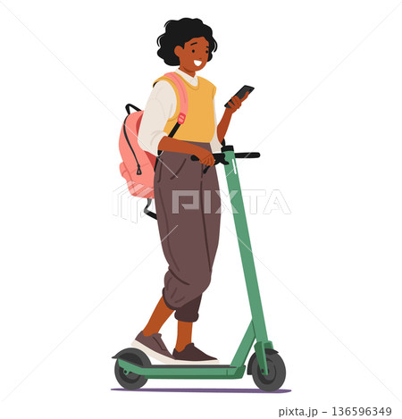 Teenage girl student using smartphone while riding electric scooter isolated on white background Teenage girl student using smartphone while riding electric scooter isolated on white background 136596349