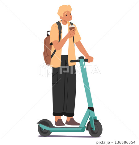 Cartoon teenage guy with backpack holding takeaway coffee cup riding electric scooter outdoors Cartoon teenage guy with backpack holding takeaway coffee cup riding electric scooter outdoors 136596354
