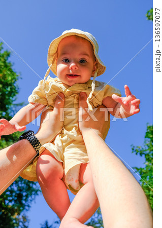 Joyful Baby Lifted in the Air Outdoors 136597077
