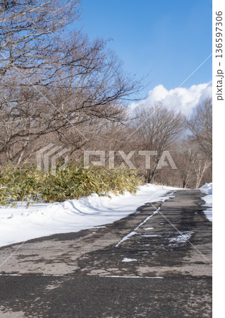 雪の残る森の中の道路 雪の残る森の中の道路 136597306