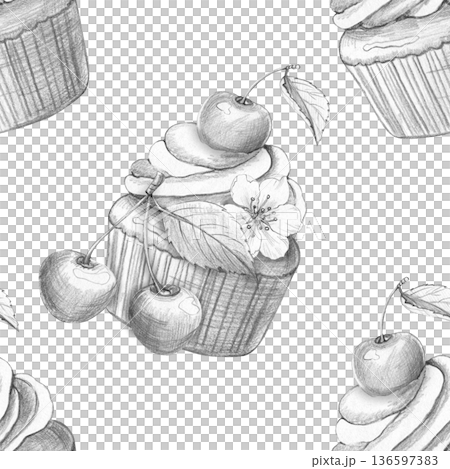 Seamless pattern depicting a cupcake with cream, cherry, flower, and leaves in pencil drawing style, white background. For packaging baked goods, menus, printing, decorative projects Seamless pattern depicting a cupcake with cream, cherry, flower, and leaves in pencil drawing style, white background. For packaging baked goods, menus, printing, decorative projects 136597383