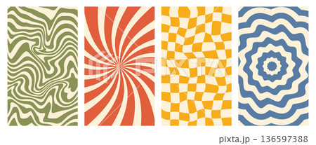 Vector groovy poster set. Chessboard and twisted backgrounds in trendy retro 70s style. Twisted and distorted patterns. 136597388