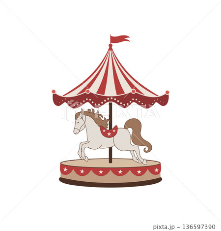 Flat vector illustration of a vintage carousel horse with striped canopy and flag, Flat vector illustration of a vintage carousel horse with striped canopy and flag, 136597390