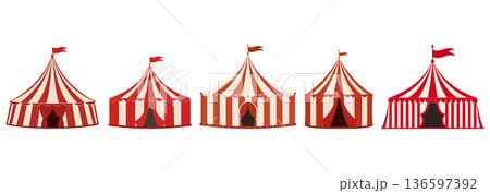 Circus tent icon set. Funfair and carnival symbols. Vector illustration. 136597392