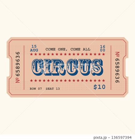 Retro circus ticket template. Admit one. Vector illustration 136597394