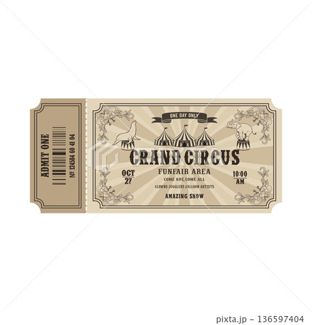 Retro circus ticket template. Admit one. Vector illustration 136597404