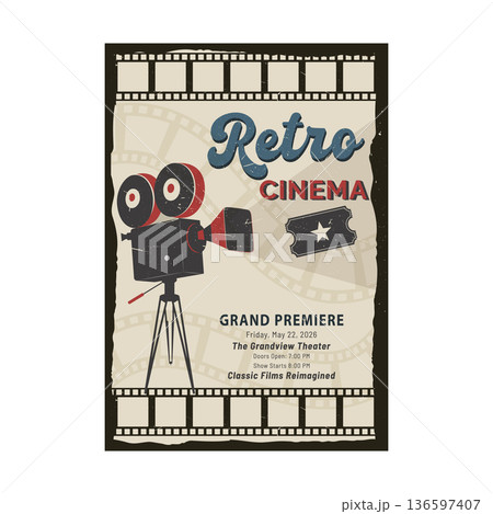 Retro cinema poster with vintage film camera and ticket in grunge style Retro cinema poster with vintage film camera and ticket in grunge style 136597407