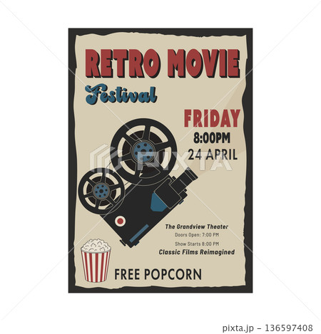 Retro movie festival poster with vintage film projector and popcorn bucket Retro movie festival poster with vintage film projector and popcorn bucket 136597408