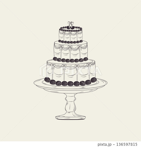 Vector hand-drawn cake with coquette bows and cherry on a stand. Monochrome ink. Vector hand-drawn cake with coquette bows and cherry on a stand. Monochrome ink. 136597815