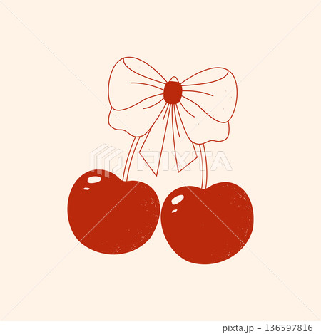Cute cherries with a coquette bow and ribbon. Vector illustration. Cute cherries with a coquette bow and ribbon. Vector illustration. 136597816