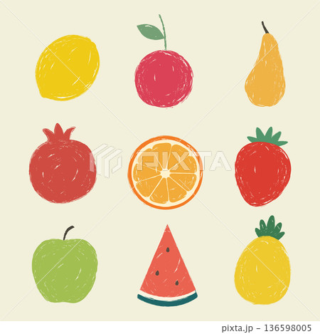 Set of crayon hand-drawn fruits: apple, pear, pineapple, cherry, pomegranate, watermelon, lemon. Vector illustration Set of crayon hand-drawn fruits: apple, pear, pineapple, cherry, pomegranate, watermelon, lemon. Vector illustration 136598005