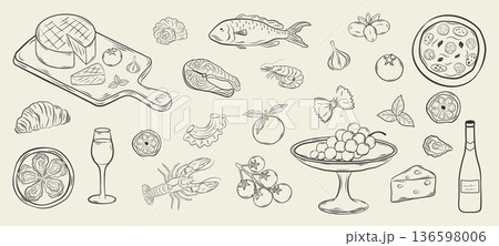 Hand-drawn Mediterranean food and drink set. Doodle icons of pasta, lobster, oysters, wine, cheese, olives, and seafood. Monochrome ink vector illustration for menu, packaging, and branding design. 136598006