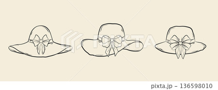 A set of hand-drawn female summer hats with bows. Monochrome ink illustration. Vector. 136598010