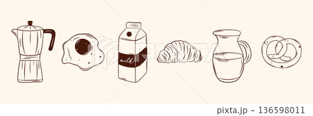 Collection of hand-drawn breakfast doodle icons in minimalist ink style. Monochrome vector illustration perfect for packaging, cafe branding, menus, and web design. 136598011