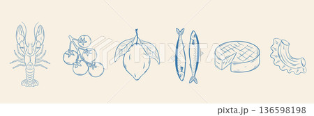 Set of hand-drawn Mediterranean food icons: lobster, tomatoes, lemon, sardines, cheese, pasta. Trendy minimalist ink sketch. Vector line illustration. Set of hand-drawn Mediterranean food icons: lobster, tomatoes, lemon, sardines, cheese, pasta. Trendy minimalist ink sketch. Vector line illustration. 136598198