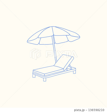 Hand-drawn sun lounger and beach umbrella. Summer vacation. Monochrome blue ink illustration. Vector. 136598210