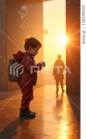 Young boy's contemplation in golden hour light. Young boy stands on a sunlit pavement, wearing a red outfit and backpack.  136598305