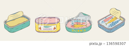 Collection of colorful, hand-drawn sardine cans. Vector 136598307