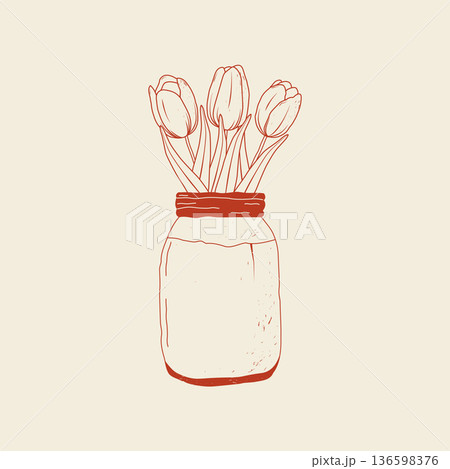 Hand-drawn vintage tulip bouquet in a glass vase. A spring botanical illustration. 136598376
