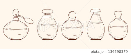 A set of vintage hand-drawn perfume bottles. Vector illustration. 136598379