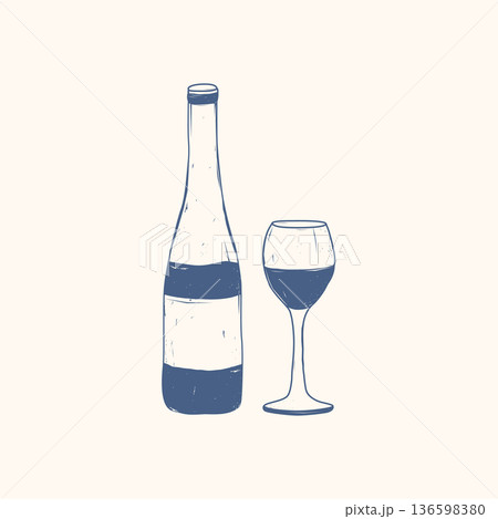 Vintage hand-drawn wine bottle and glass. Vector illustration 136598380