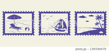 A set of vintage hand-drawn summer vacation postage stamps. Monochrome ink. Retro vector illustration. 136598470