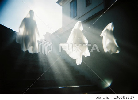 Three translucent ghost figures drift up a staircase, surrounded by soft light. The atmosphere is eerie and enchanting, typical of Halloween settings Generative AI Three translucent ghost figures drift up a staircase, surrounded by soft light. The atmosphere is eerie and enchanting, typical of Halloween settings Generative AI 136598517