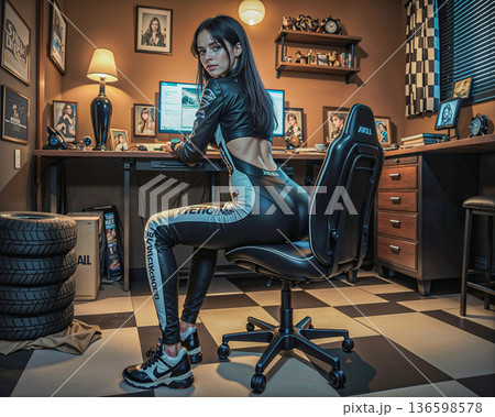 Sleek racer girl posing in her home office. Young woman in a racing suit sits on an office chair in a home office. Sleek racer girl posing in her home office. Young woman in a racing suit sits on an office chair in a home office. 136598578