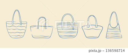 A set of hand-drawn beach bags. Summer doodle accessories for recreation and vacation. Vector illustration. 136598714
