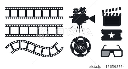 Cinema icon set. Camera, ticket, film strip, 3D glasses, clapperboard, and film reel. Vector illustration 136598734